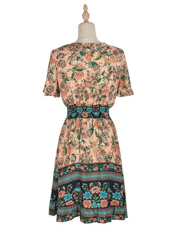 Women's Floral Dress High Waist V-neck Short-sleeved Bohemian Mini A-line Dress - CHALIER