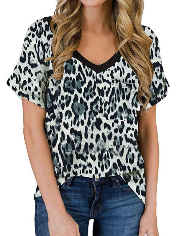 Women's Leopard Print V-Neck T-Shirt - CHALIER