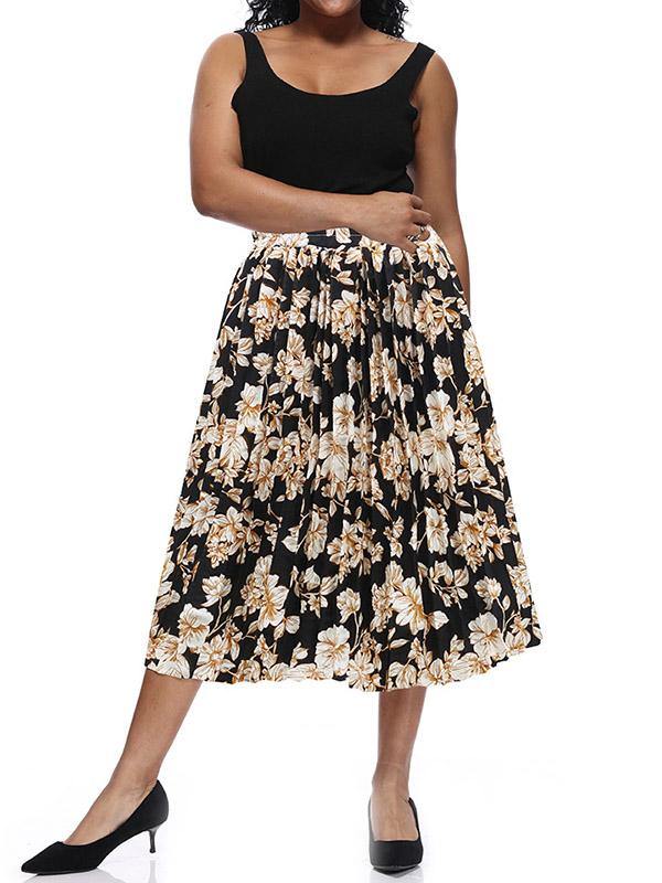 Women's Printed Chiffon Pleated Skirt Plus Size Midi Skirts - CHALIER
