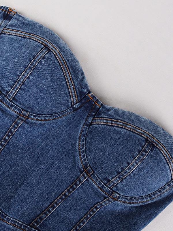 Women's Sexy Casual Denim Bodycon Slip Dress with Chest Pad and Rims Sheath Dress - CHALIER