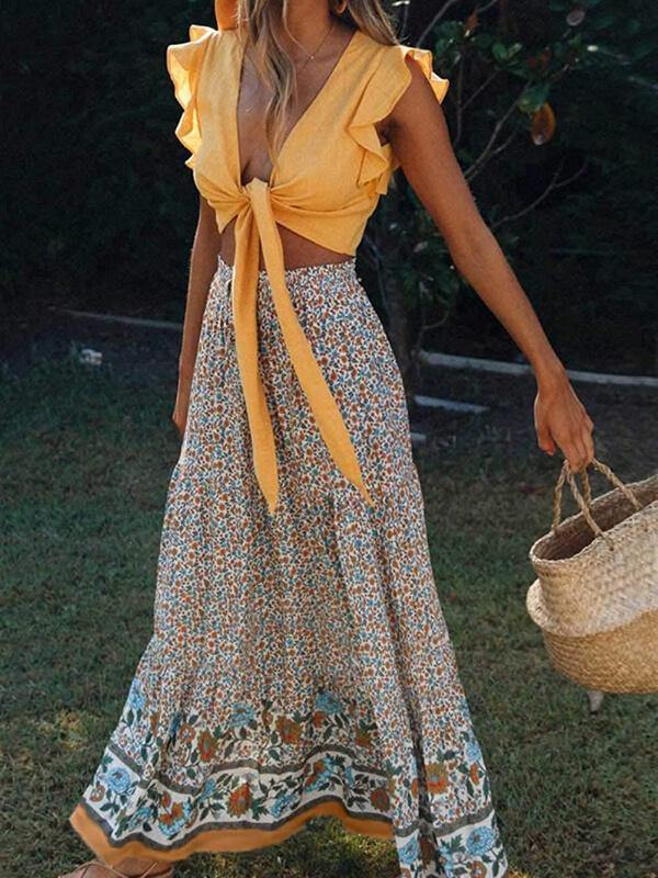 Womens Bohemian Floral Printed Elastic Waist A Line Maxi Skirt - CHALIER