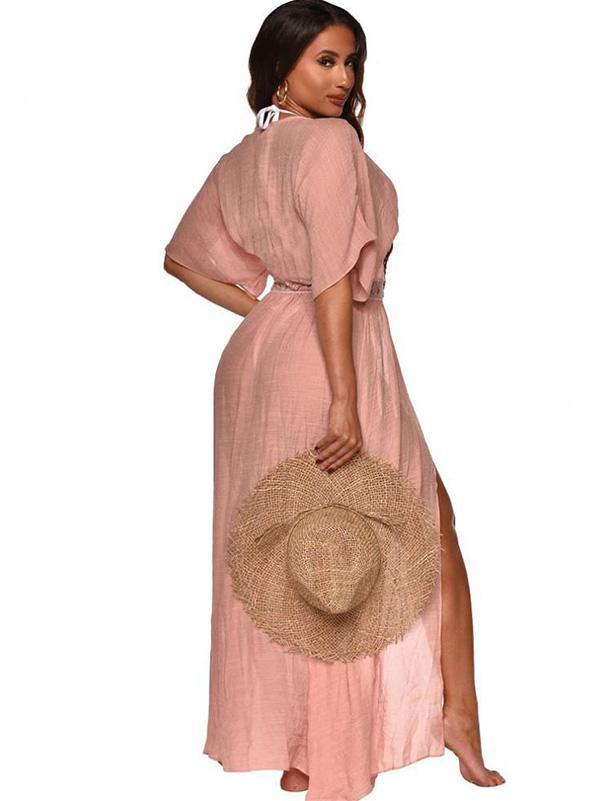 Women's Sexy Holiday Maxi Dress Beach Tthin Cotton and Linen Cardigan Slit Dress Plus Size - CHALIER