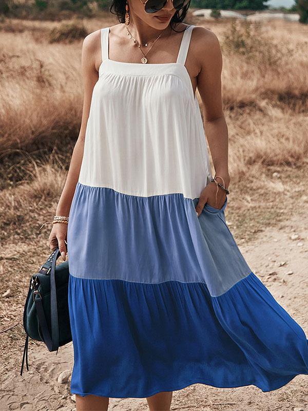 Women's Cotton Loose Halter Midi Sleeveless Dress ColorBlock Holiday with Big Swing - CHALIER