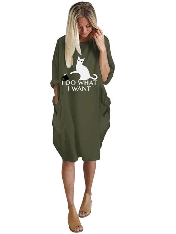 Women's Casual Cotton Letter Cat Prints Tee Dress Pocket Loose Midi Dress Plus Size - CHALIER