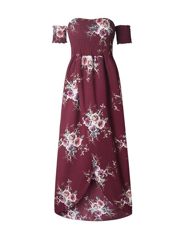 Women's Floral Printed Maxi Beach Dress Long Bohemian Split Tee Dress Plus Size - CHALIER