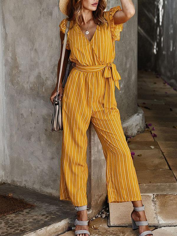 Women's Elegant Vertical Stripes V-Neck Short Sleeve Jumpsuit Loose Pants - CHALIER