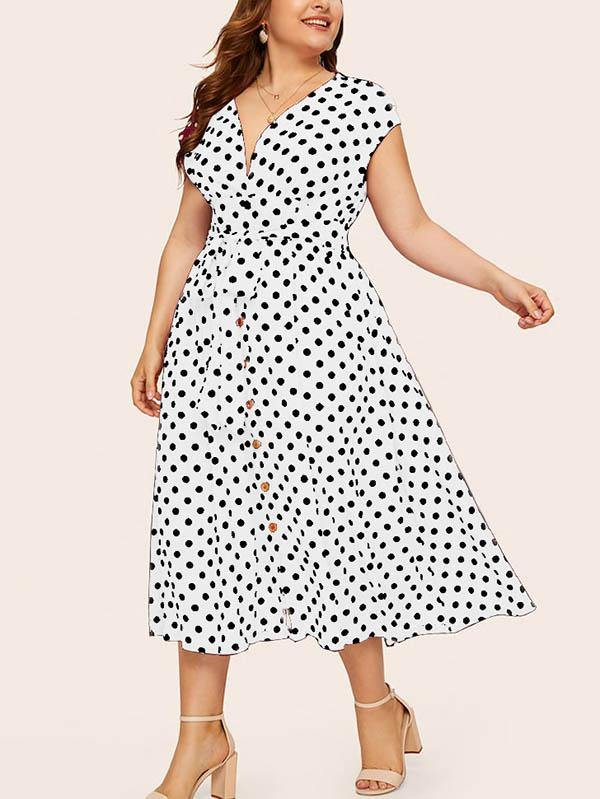 Women's Plus Size V-Neck Polka Dot A-line Dress - CHALIER