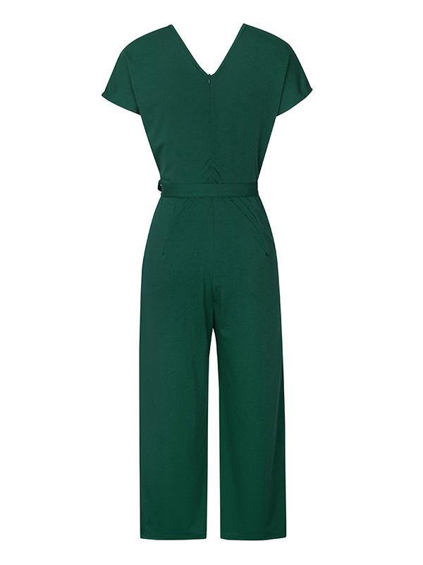 Women's Elegant  High Waist V-Neck Short Sleeve Jumpsuit Solid Color - CHALIER