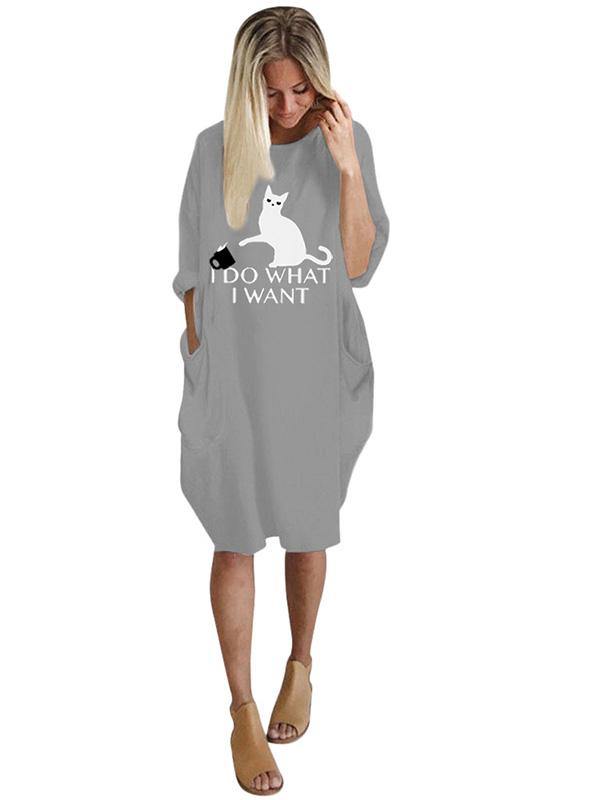 Women's Casual Cotton Letter Cat Prints Tee Dress Pocket Loose Midi Dress Plus Size - CHALIER