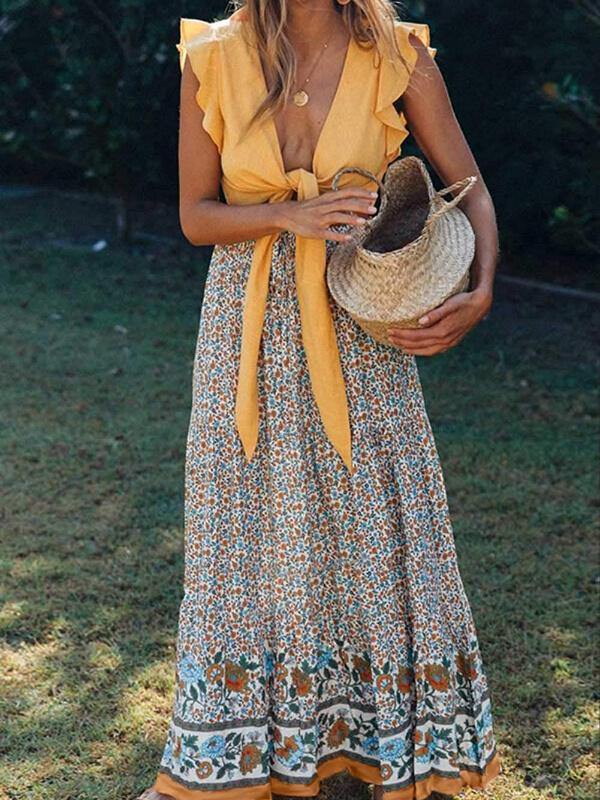 Womens Bohemian Floral Printed Elastic Waist A Line Maxi Skirt - CHALIER