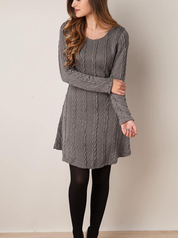 Women's Knitted Mini Dress Long-sleeve A-line Loose Casual Sweater Dress Plus Size - CHALIER
