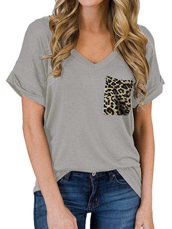 Ladies Leopard V-Neckline Short Sleeve Casual T-Shirt - CHALIER