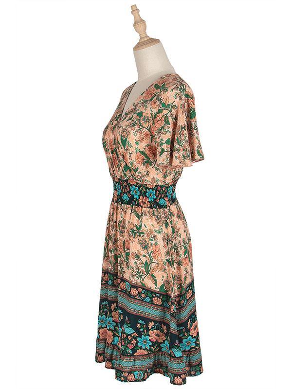 Women's Floral Dress High Waist V-neck Short-sleeved Bohemian Mini A-line Dress - CHALIER