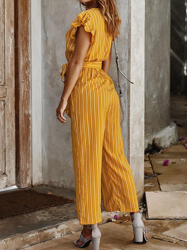 Women's Elegant Vertical Stripes V-Neck Short Sleeve Jumpsuit Loose Pants - CHALIER