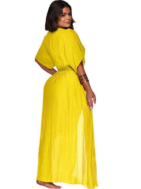 Women's Sexy Holiday Maxi Dress Beach Tthin Cotton and Linen Cardigan Slit Dress Plus Size - CHALIER