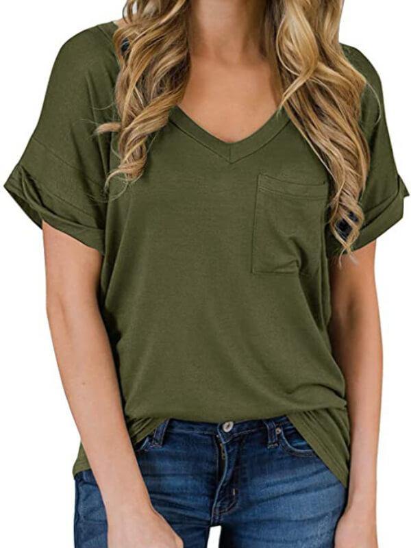 Women Cotton Solid V Neck Short Sleeve T-Shirt - CHALIER