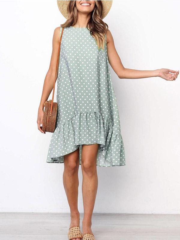 Women's Polka Dot Sleeveless Loose Flounced Dress Holiday - CHALIER