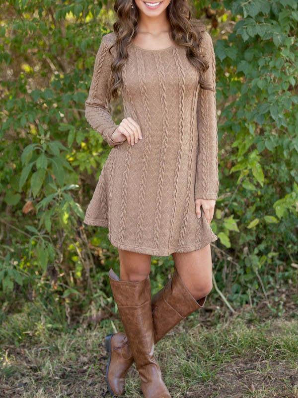 Women's Knitted Mini Dress Long-sleeve A-line Loose Casual Sweater Dress Plus Size - CHALIER