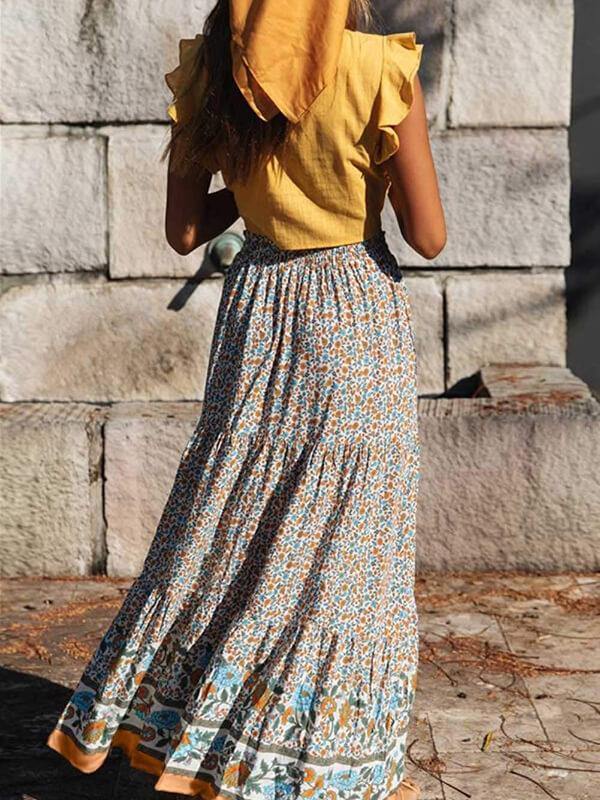 Womens Bohemian Floral Printed Elastic Waist A Line Maxi Skirt - CHALIER