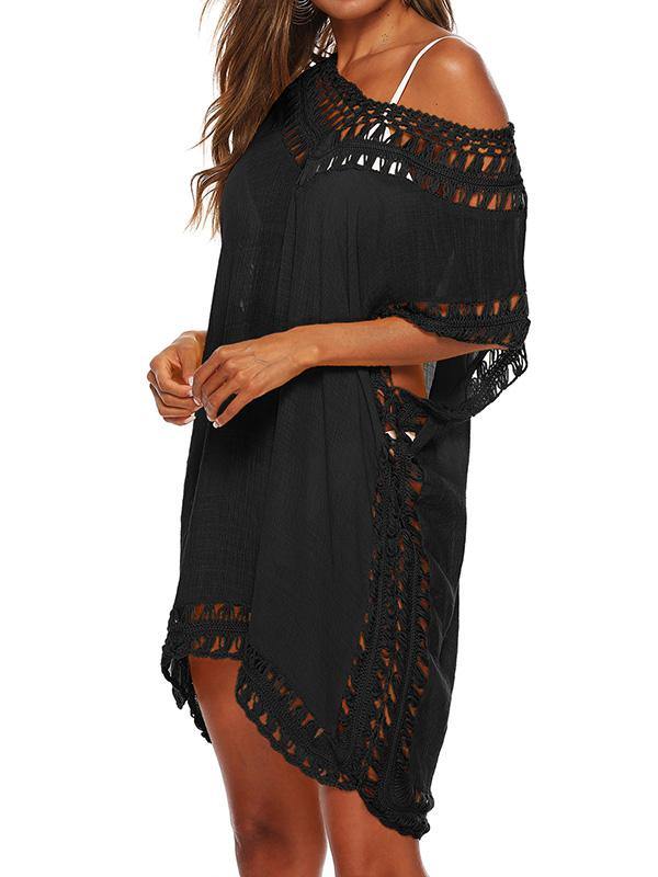 Women's Sexy V-Neck Swimsuit Blouse Beach Dress Crochet Bikini Mini Dress - CHALIER