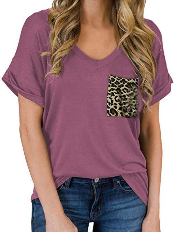 Ladies Leopard V-Neckline Short Sleeve Casual T-Shirt - CHALIER