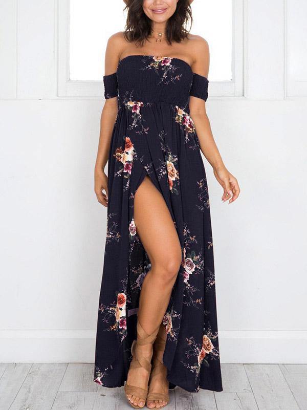 Women's Floral Printed Maxi Beach Dress Long Bohemian Split Tee Dress Plus Size - CHALIER