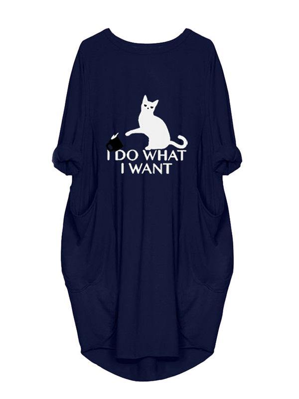 Women's Casual Cotton Letter Cat Prints Tee Dress Pocket Loose Midi Dress Plus Size - CHALIER