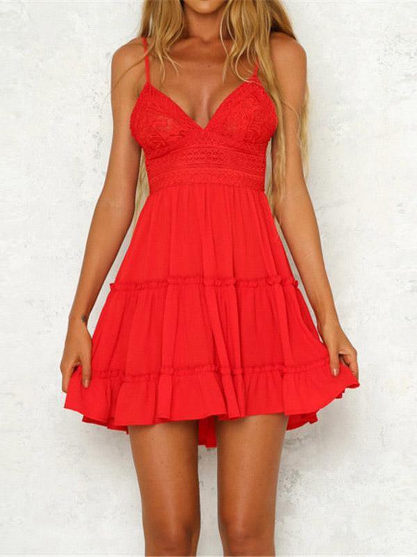 Women's Sexy Lace Slip Dress Triangle Backless Bowknot High Waist Mini Dress - CHALIER