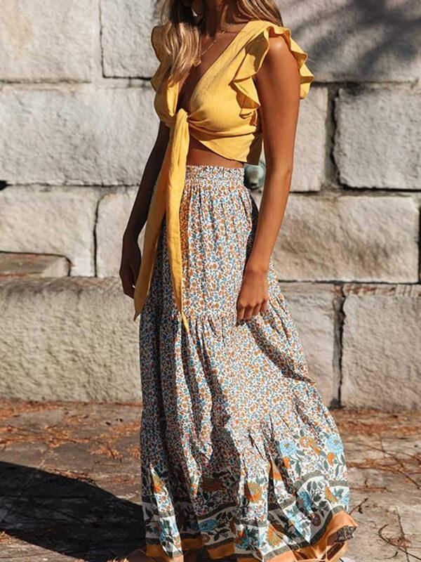 Womens Bohemian Floral Printed Elastic Waist A Line Maxi Skirt - CHALIER