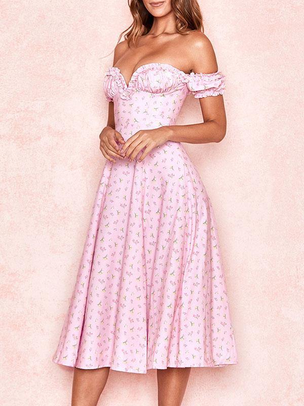 Women's Floral Print Elegant Sexy V-Neck Off Shoulder Dress A-line Pink Split Skirt - CHALIER