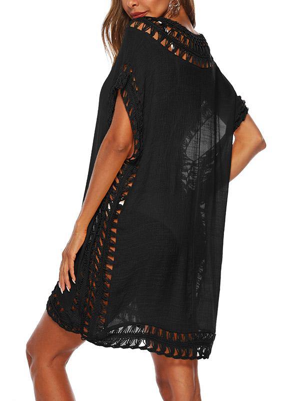 Women's Sexy V-Neck Swimsuit Blouse Beach Dress Crochet Bikini Mini Dress - CHALIER