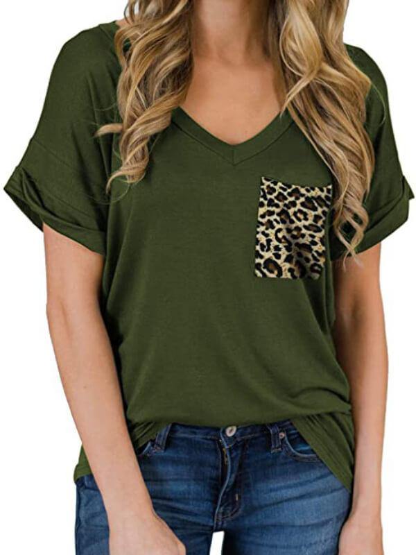Ladies Leopard V-Neckline Short Sleeve Casual T-Shirt - CHALIER