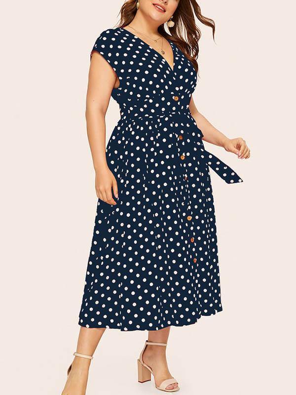 Women's Plus Size V-Neck Polka Dot A-line Dress - CHALIER
