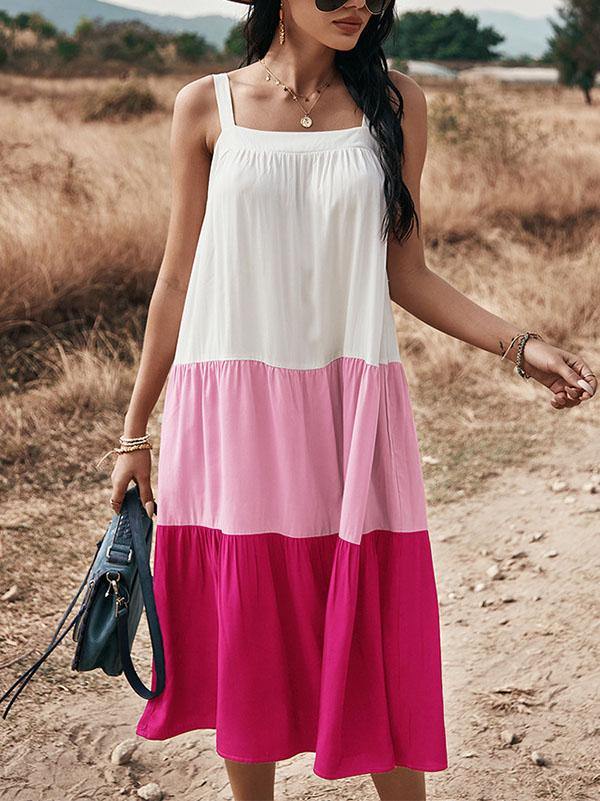 Women's Cotton Loose Halter Midi Sleeveless Dress ColorBlock Holiday with Big Swing - CHALIER