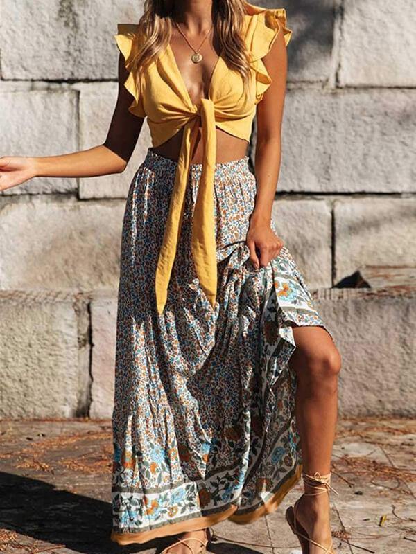 Womens Bohemian Floral Printed Elastic Waist A Line Maxi Skirt - CHALIER