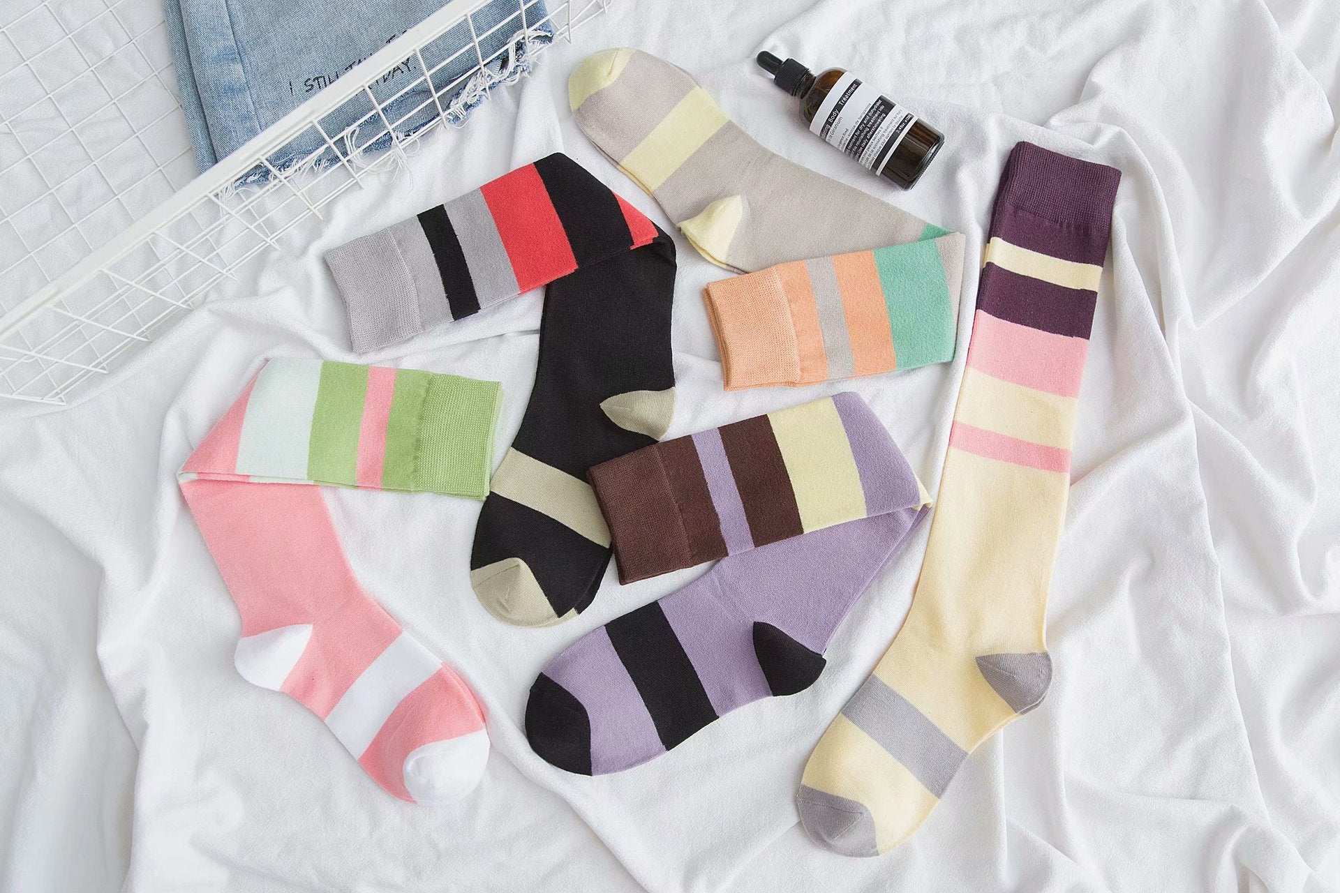 Womens Calf Socks Medium Stockings Contrast Color Knee-length Cotton Socks