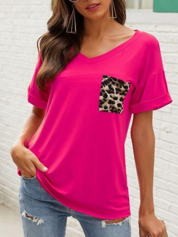 Ladies Leopard V-Neckline Short Sleeve Casual T-Shirt - CHALIER