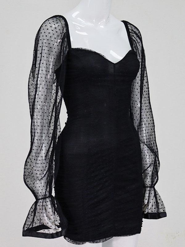 Women's Sexy Sheath Dress Black Cute Chiffon Polka Dots Net Long Sleeve Mini Dresses - CHALIER