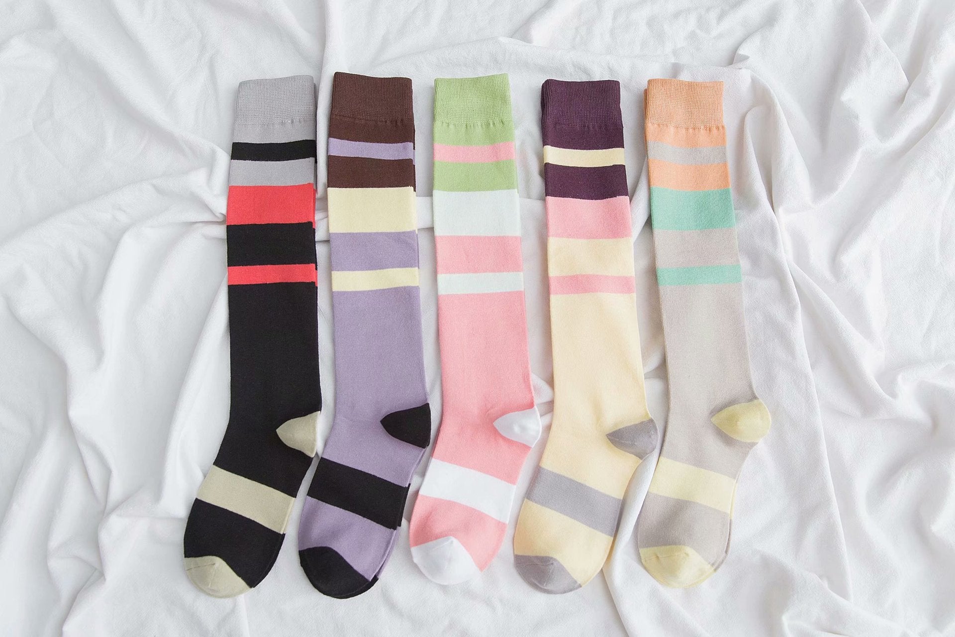 Womens Calf Socks Medium Stockings Contrast Color Knee-length Cotton Socks