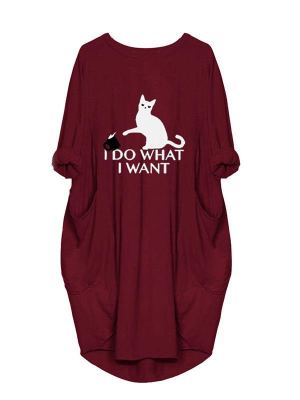 Women's Casual Cotton Letter Cat Prints Tee Dress Pocket Loose Midi Dress Plus Size - CHALIER