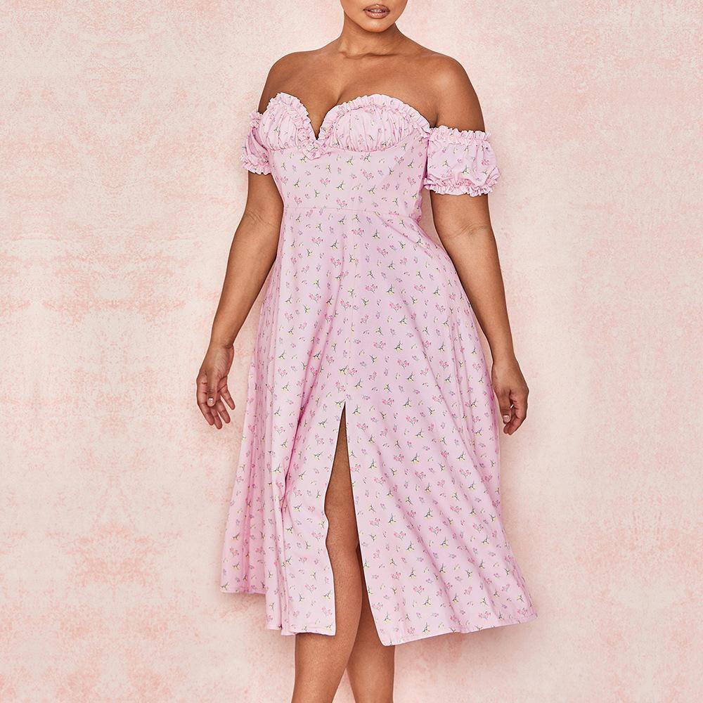 Women's Floral Print Elegant Sexy V-Neck Off Shoulder Dress A-line Pink Split Skirt - CHALIER