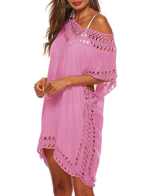 Women's Sexy V-Neck Swimsuit Blouse Beach Dress Crochet Bikini Mini Dress - CHALIER