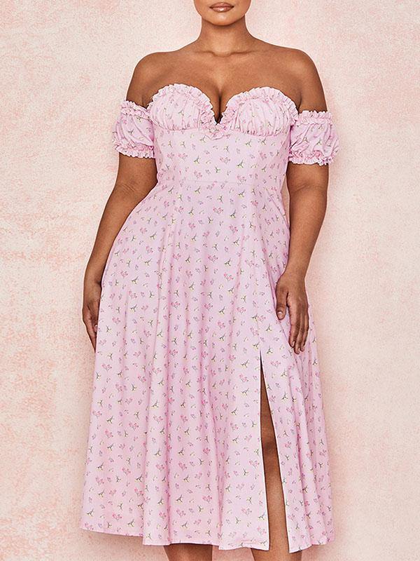 Women's Floral Print Elegant Sexy V-Neck Off Shoulder Dress A-line Pink Split Skirt - CHALIER