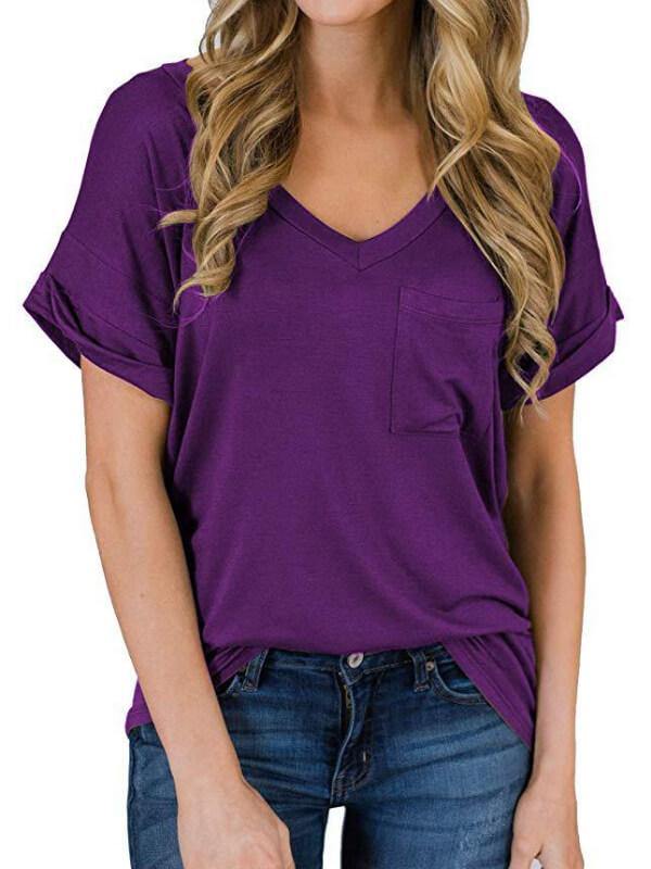 Women Cotton Solid V Neck Short Sleeve T-Shirt - CHALIER