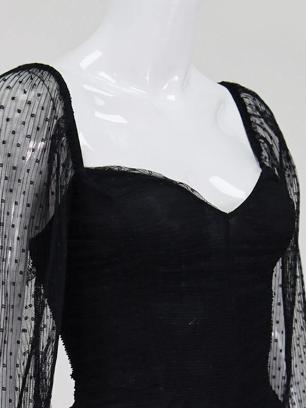 Women's Sexy Sheath Dress Black Cute Chiffon Polka Dots Net Long Sleeve Mini Dresses - CHALIER