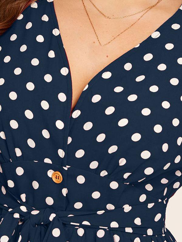 Women's Plus Size V-Neck Polka Dot A-line Dress - CHALIER