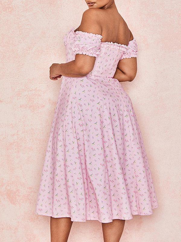 Women's Floral Print Elegant Sexy V-Neck Off Shoulder Dress A-line Pink Split Skirt - CHALIER