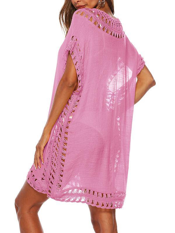 Women's Sexy V-Neck Swimsuit Blouse Beach Dress Crochet Bikini Mini Dress - CHALIER