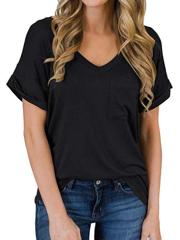 Women Cotton Solid V Neck Short Sleeve T-Shirt - CHALIER