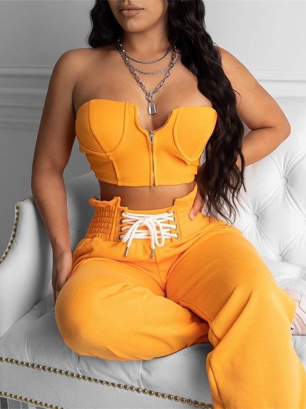 Women's Casual Sexy Strapless Tops and Pants Outfit Two Piece Set - CHALIER